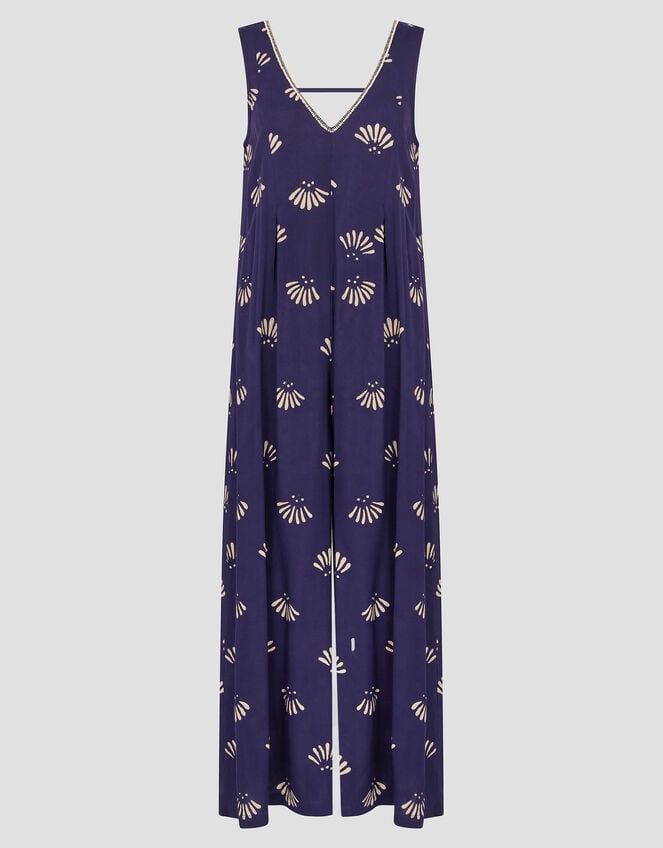 Briana Fan Print Wide Leg Jumpsuit, Blue (NAVY), large