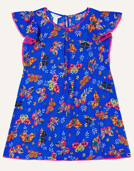 Butterfly Print Swing Dress in Sustainable Cotton Blue, Blue (BLUE), large