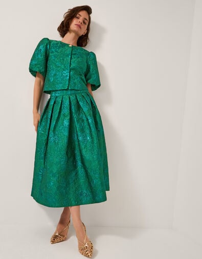 Jolene Floral Jacquard Midi Skirt, Green (GREEN), large