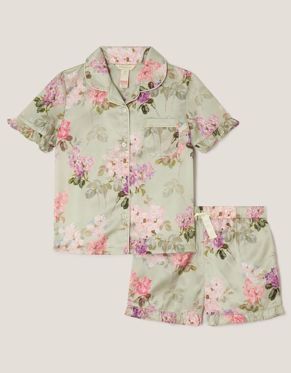 Floral Satin Short Pajama Set, Green (GREEN), large