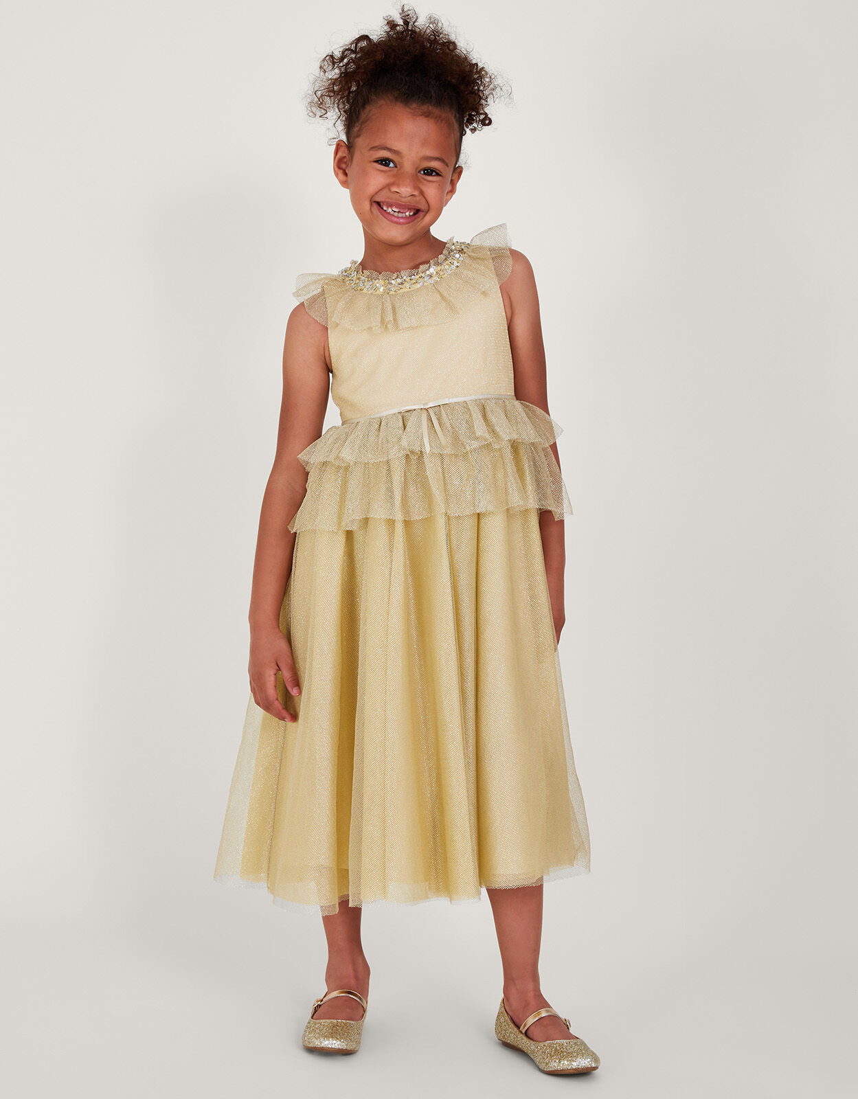 Land of Wonder Alexandra Mesh Ruffle Maxi Dress Gold