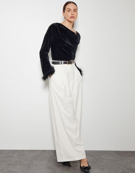 Fay Velvet Feather Sleeve Cowl Top, Black (BLACK), large