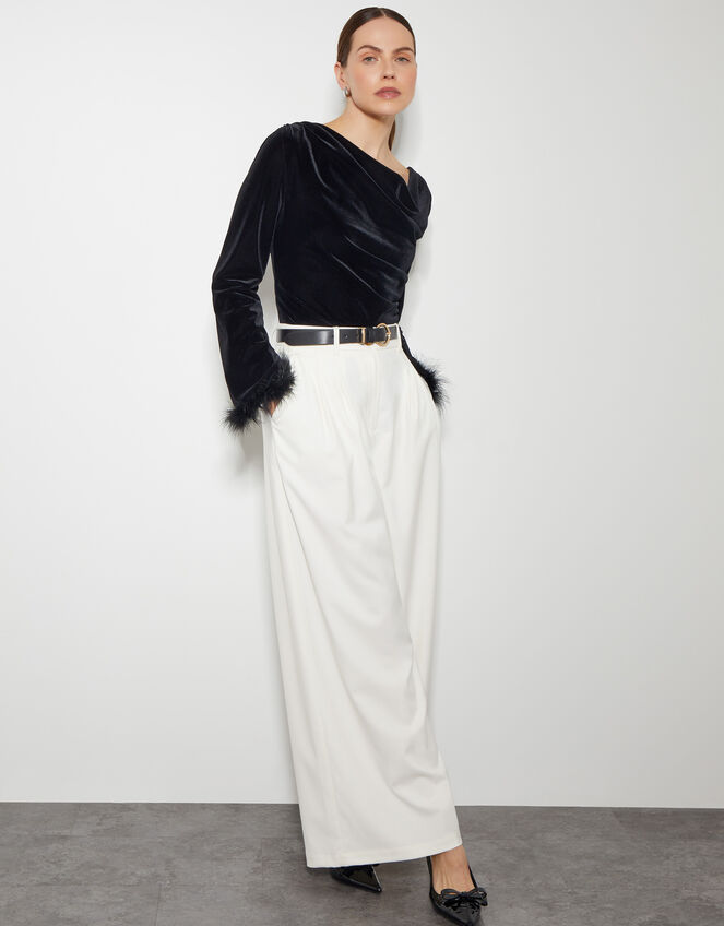 Fay Velvet Feather Sleeve Cowl Top, Black (BLACK), large