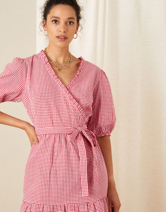 Gingham Wrap Dress, Red (RED), large
