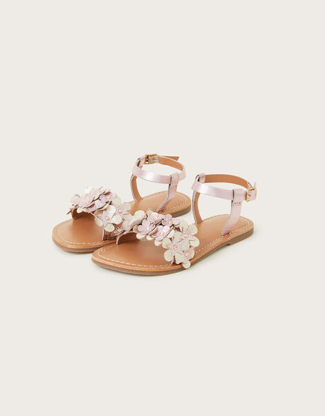 Leather Flower Frill Sandals, Pink (PINK), large