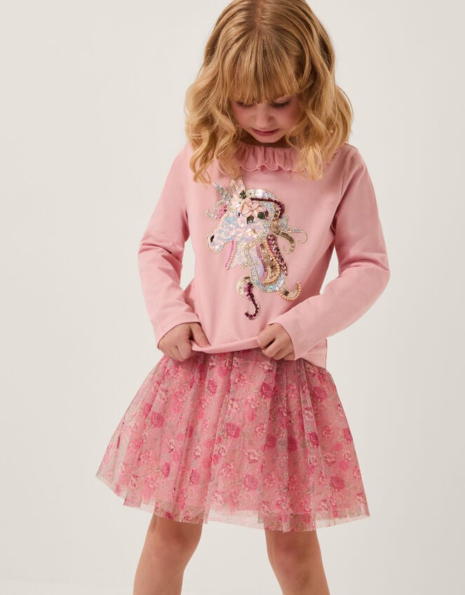 Sequin Unicorn Top & Floral Mesh Skirt Set, Pink (MAGENTA), large
