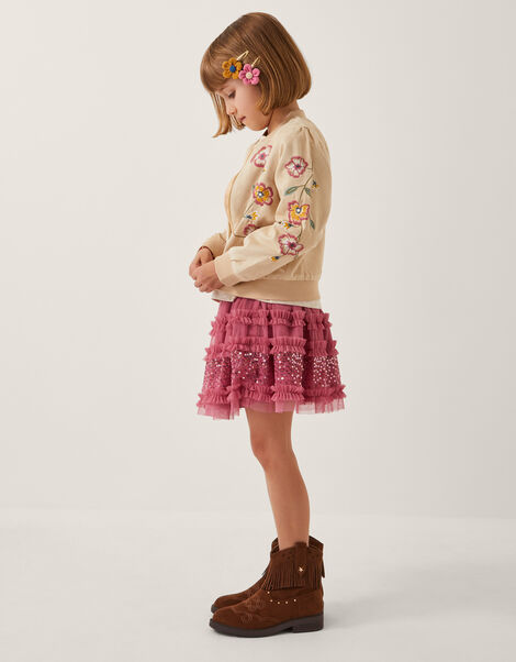 Embroidered Suedette Bomber Jacket, Camel (BEIGE), large