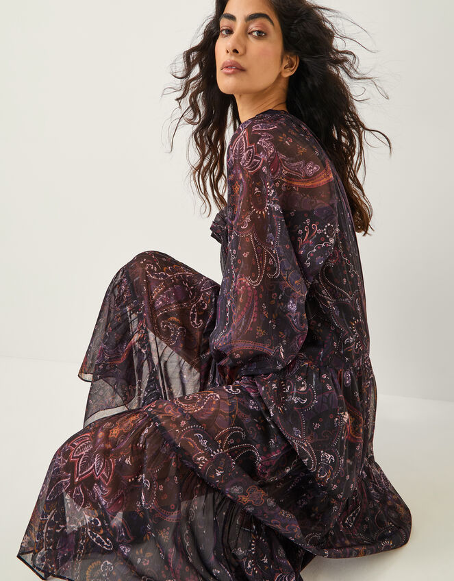 Marianna Paisley Print Tiered Midi Dress, Purple (PURPLE), large