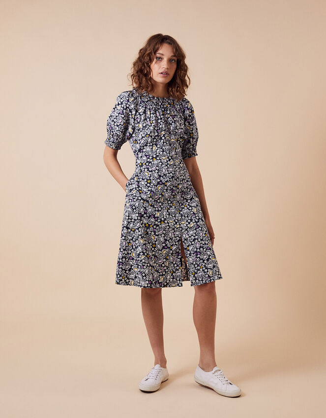 Ditsy Floral Print Dress in Organic Cotton, Blue (NAVY), large