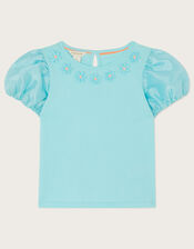 Floral Puff Sleeve T-Shirt, Blue (AQUA), large