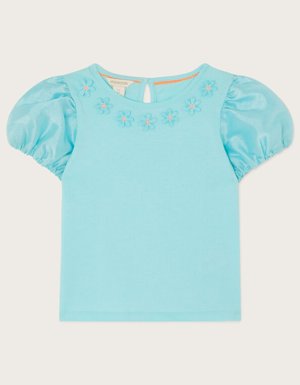 Floral Puff Sleeve T-Shirt, Blue (AQUA), large