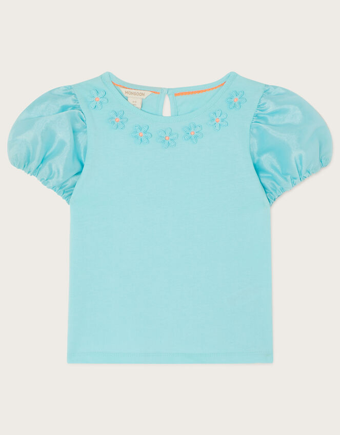 Floral Puff Sleeve T-Shirt, Blue (AQUA), large