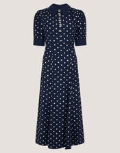 Kate Puff Sleeve Polka Dot Midi Dress, Blue (NAVY), large