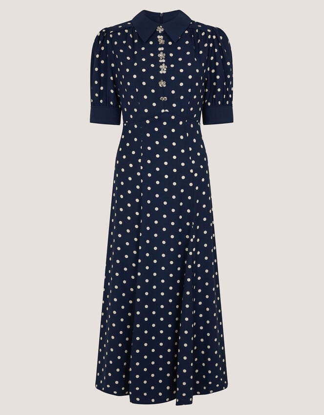 Kate Puff Sleeve Polka Dot Midi Dress, Blue (NAVY), large