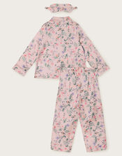 Satin Azalea Floral Print Long Pyjamas and Eye Mask Set, Pink (PINK), large