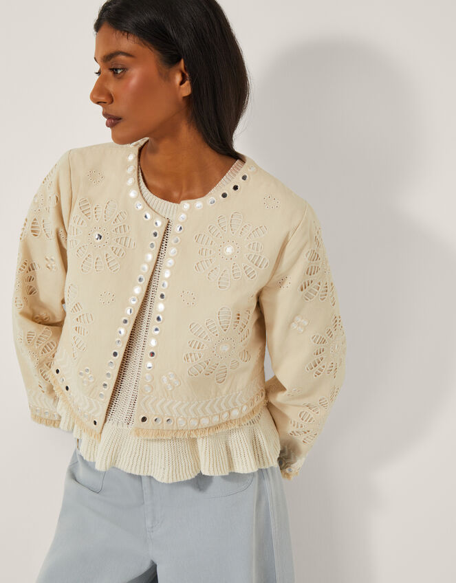 Calista Cutwork Cropped Jacket, Ivory (IVORY), large