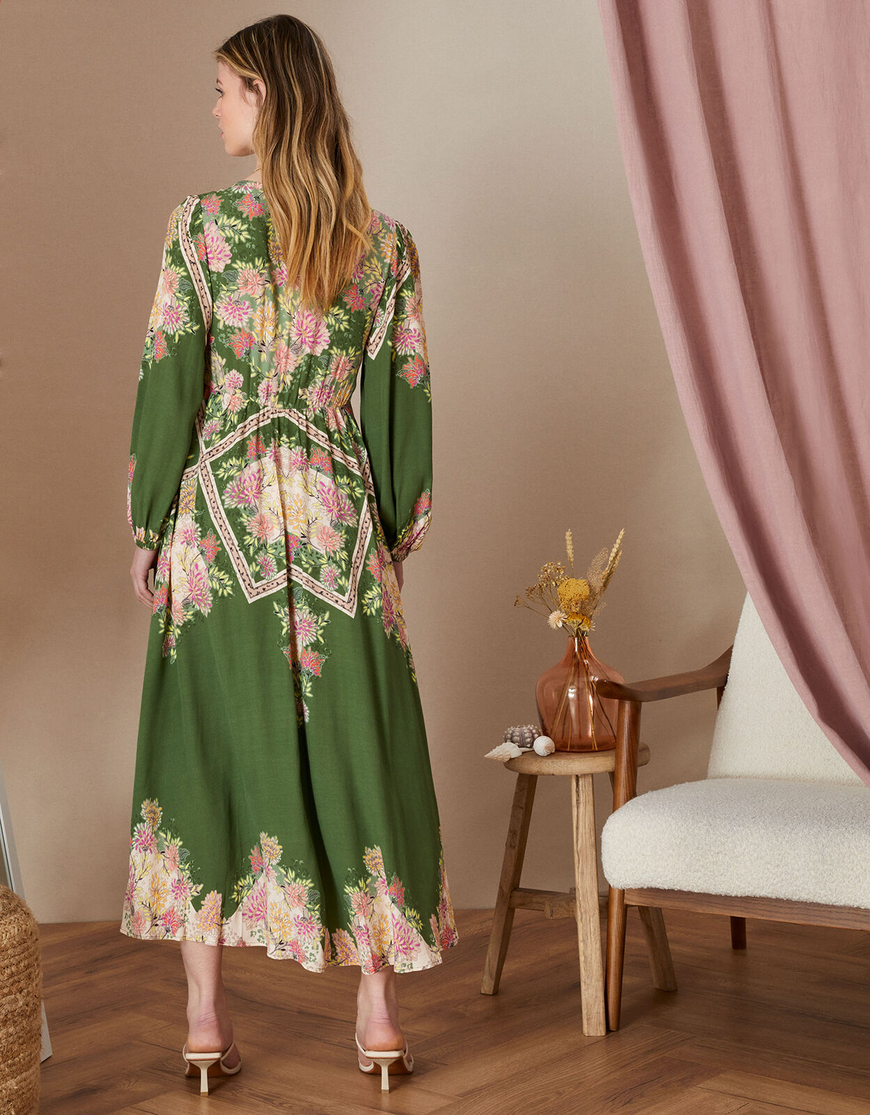 Sophia Scarf Print Midi Dress in Sustainable Viscose Green