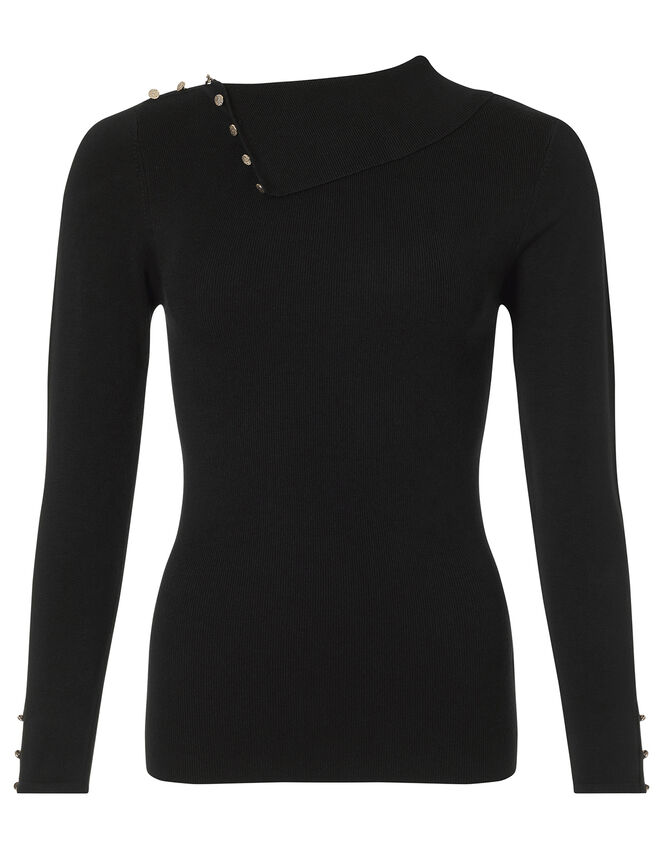 Split Neck Knit Jumper with Buttons, Black (BLACK), large