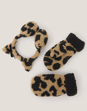 Borg Leopard Earmuff & Mitten Set, Multi (MULTI), large