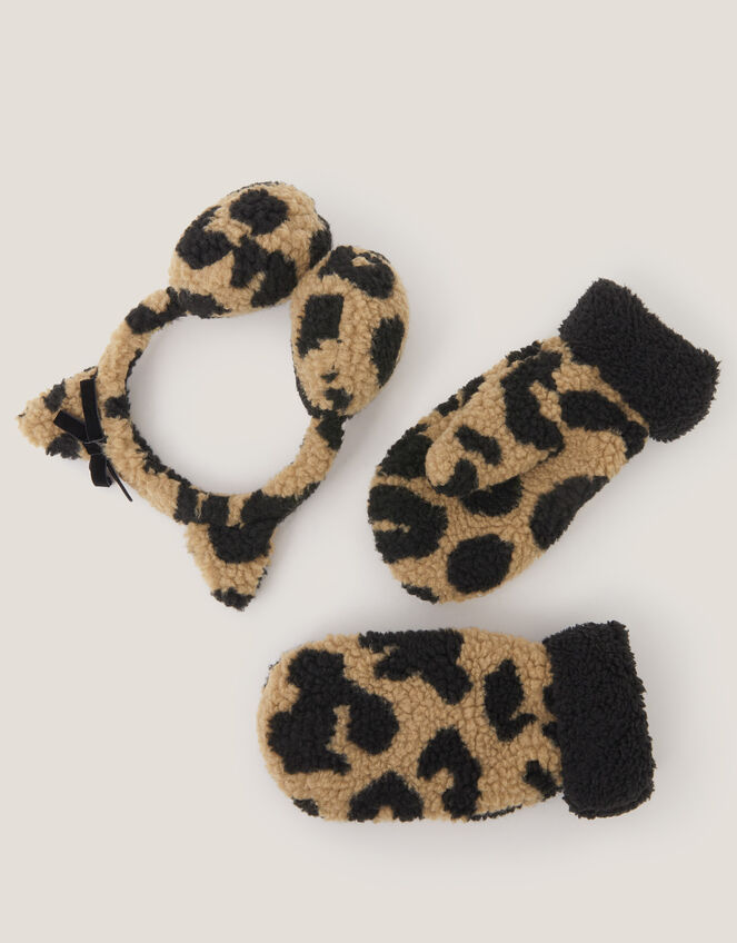 Borg Leopard Earmuff & Mitten Set, Multi (MULTI), large