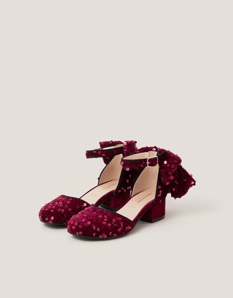 Sequin Velvet Bow Heels, Red (BURGUNDY), large