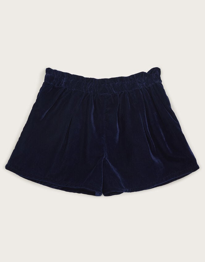 Flower Embellished Velvet Shorts, Blue (NAVY), large