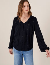Embroidered Long Sleeve Blouse in LENZING™ ECOVERO™, Blue (NAVY), large