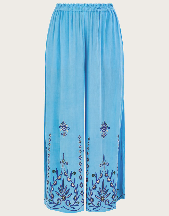 Embroidered Wide Leg Trousers, Blue (BLUE), large
