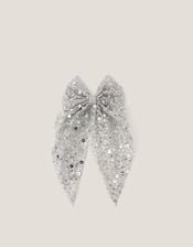 Long Sequin Bow Hair Clip, Silver (SILVER), large
