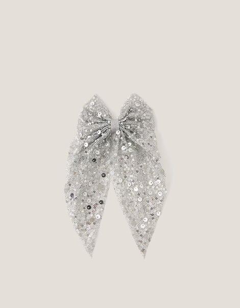 Long Sequin Bow Hair Clip, Silver (SILVER), large
