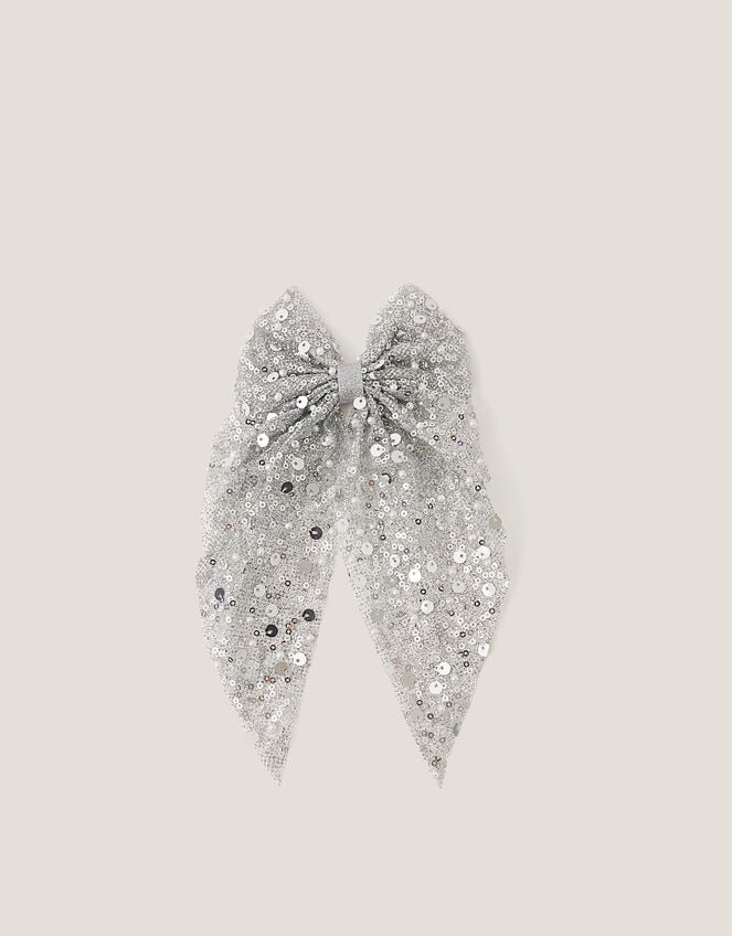 Long Sequin Bow Hair Clip, Silver (SILVER), large