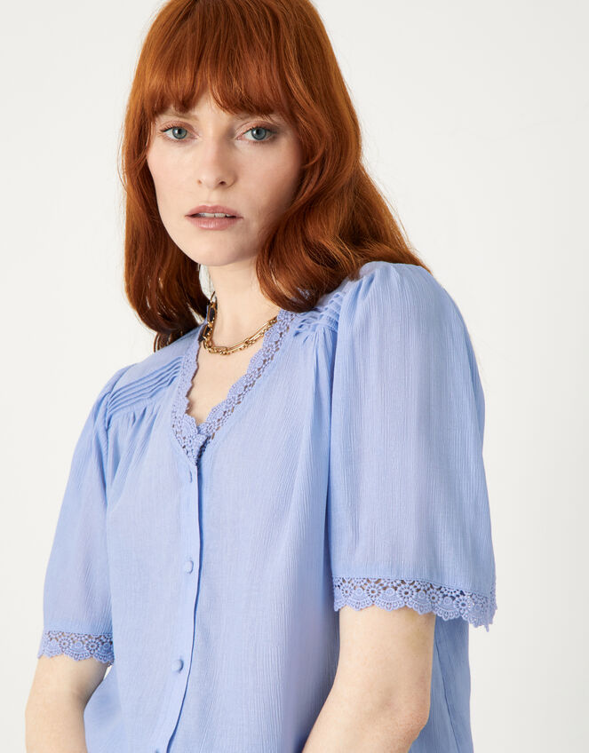 Button Through Short Sleeve Top, Blue (BLUE), large