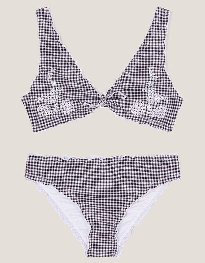 Gingham Embroidered Frill Bikini Set, Black (BLACK), large