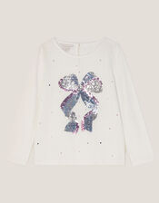 Sequin Bow Long Sleeve Top, Ivory (IVORY), large