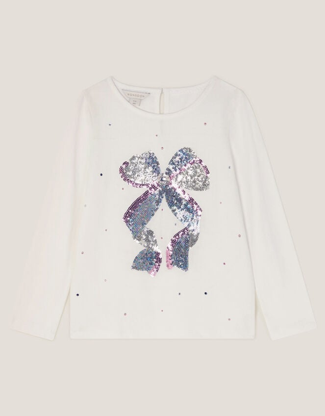Sequin Bow Long Sleeve Top, Ivory (IVORY), large