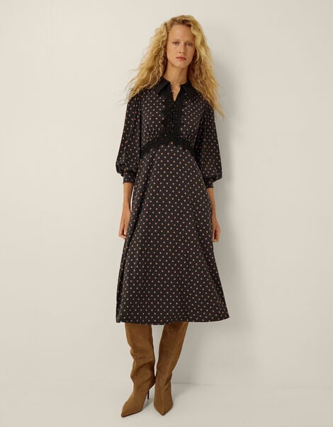 Sally Lace Polka Dot Jersey Midi Dress, Black (BLACK), large