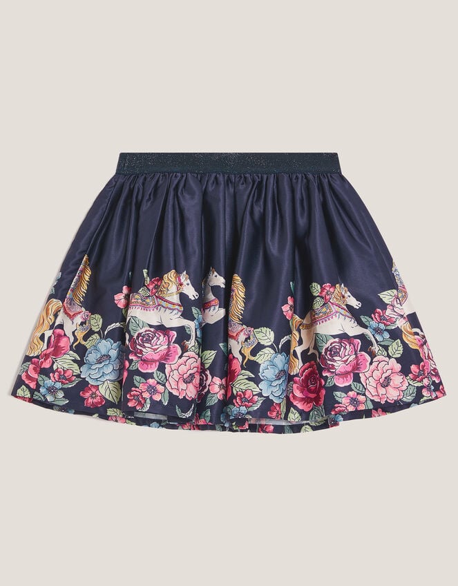 Floral Horse Print Satin Skirt, Blue (NAVY), large