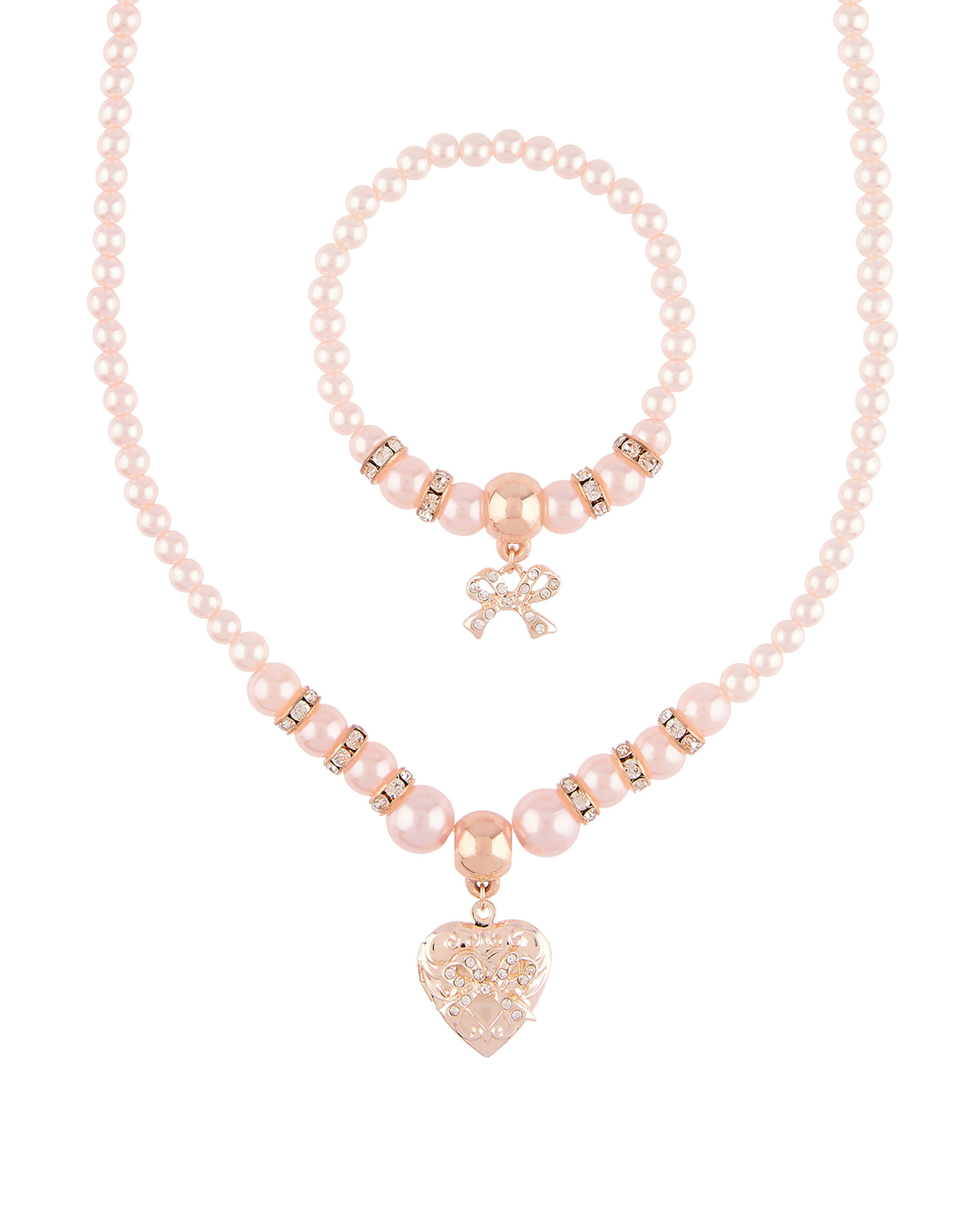 Pearly Heart Locket Necklace and Bracelet Set, , large