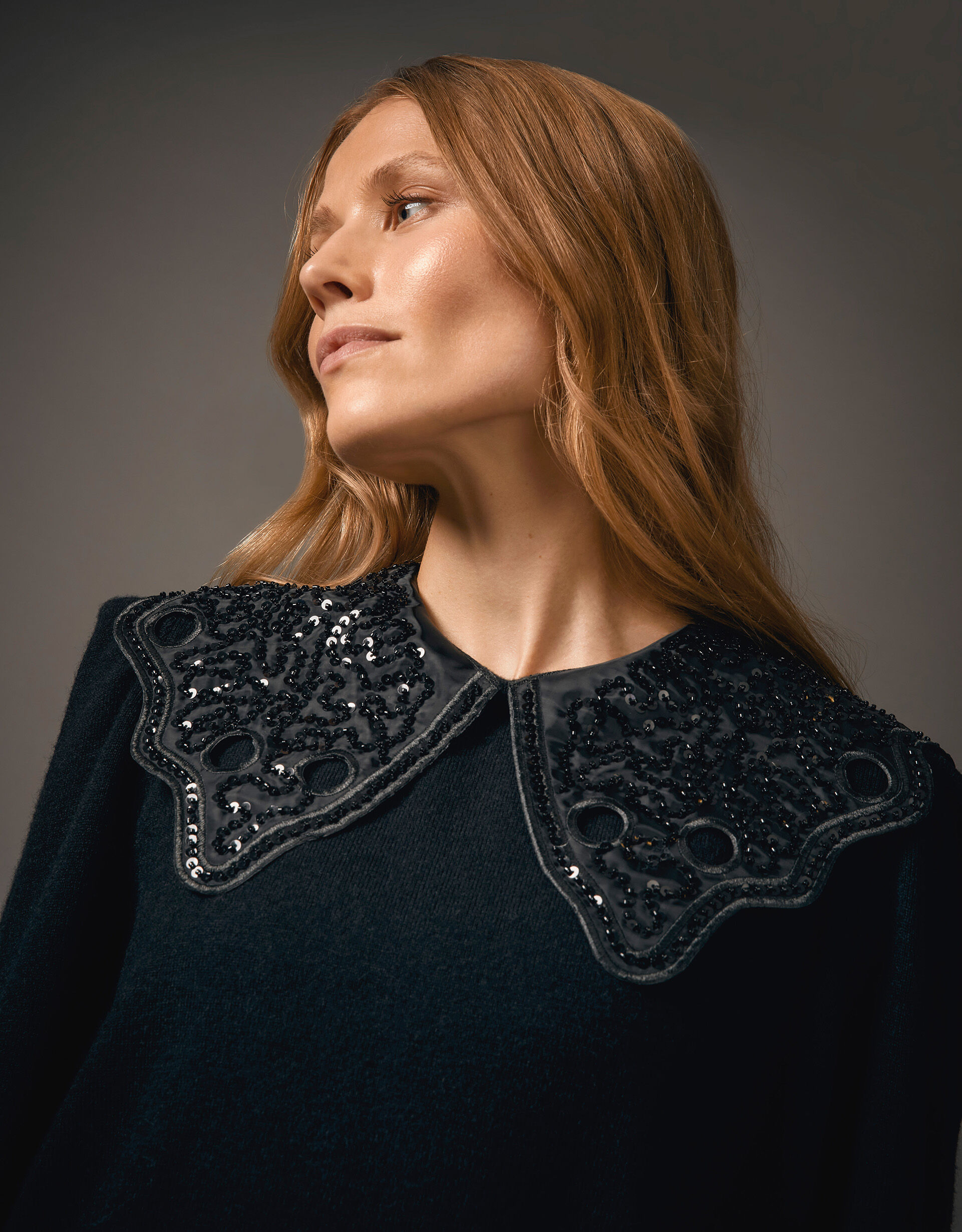 Etta Oversized Beaded Collar Sweater Black