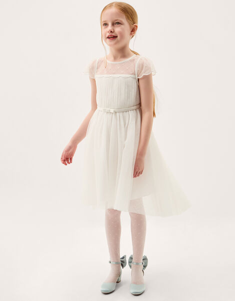 Gracia Embroidered Yoke Tulle Dress, Ivory (IVORY), large