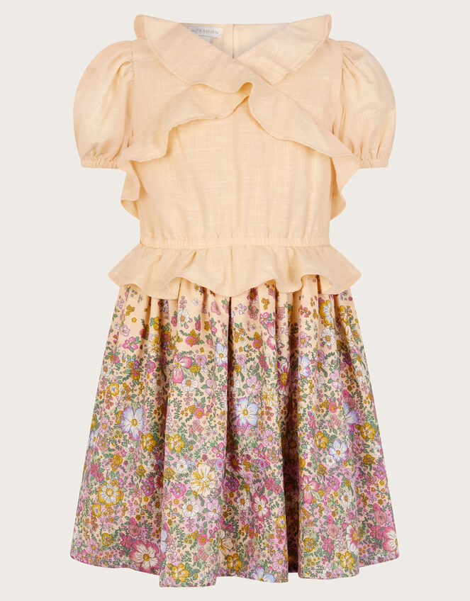 Frilly Floral Cotton Dress, Yellow (YELLOW), large