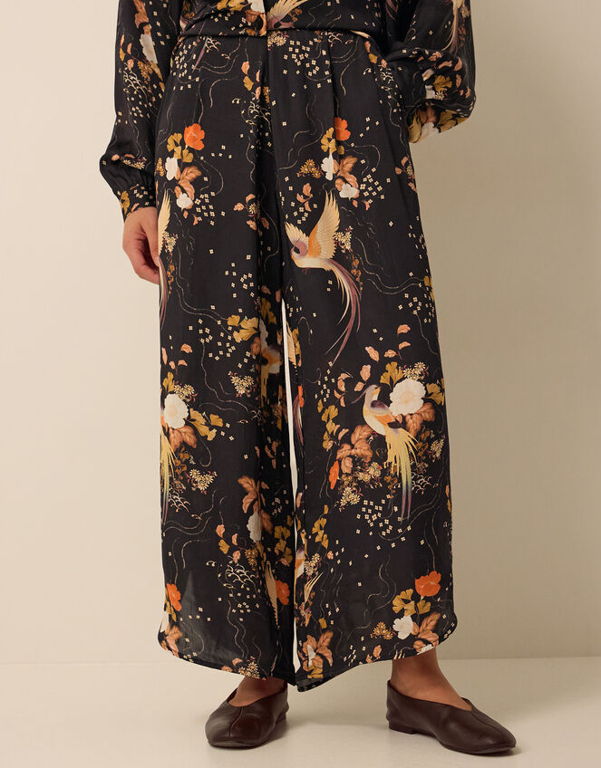 Clemence Seraphine Floral Print Satin Wide Leg Trousers, Black (BLACK), large