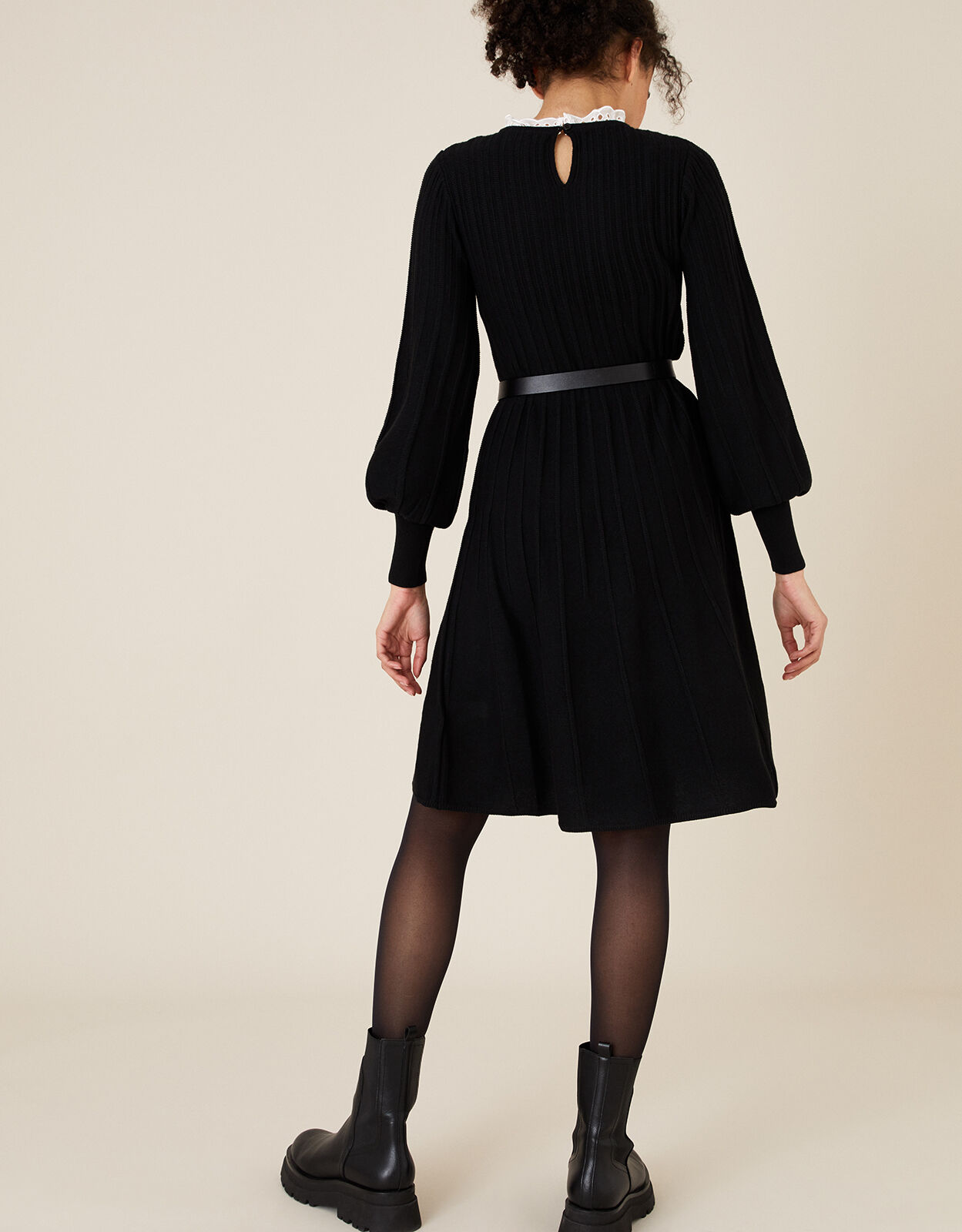 Woven Collar Knit Knee Length Dress Black