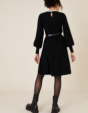 Woven Collar Knit Knee-Length Dress, Black (BLACK), large