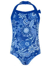 Flower Print Halter Swimsuit, Blue (BLUE), large