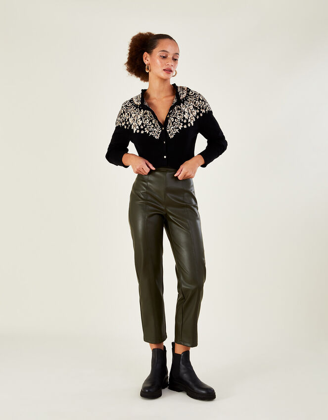 Frill Neck Fair Isle Cardigan with Sustainable Cotton, Black (BLACK), large