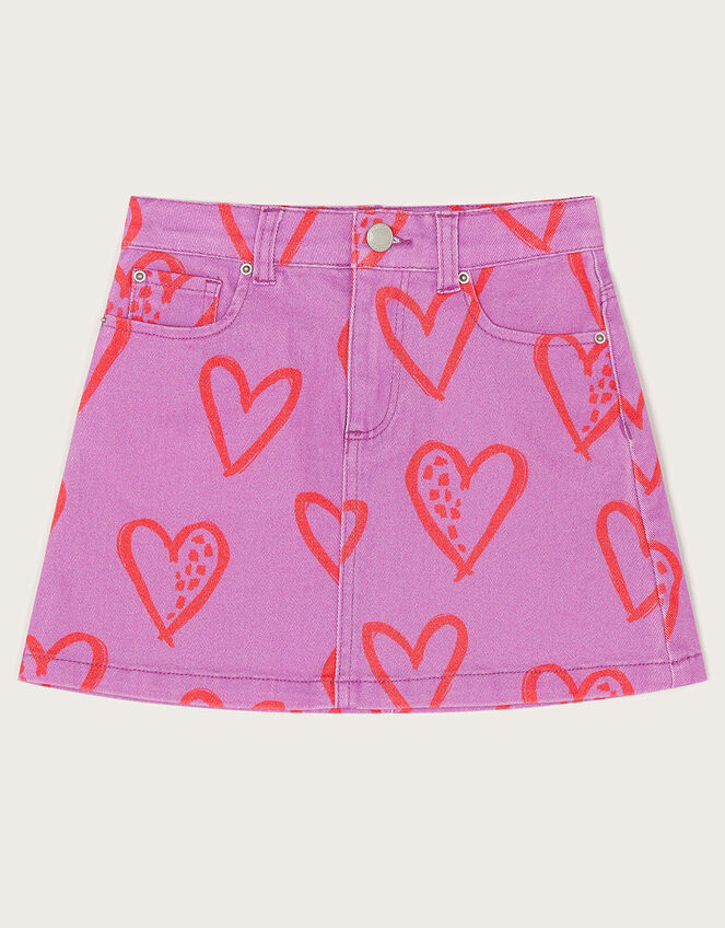 Heart Print Denim Skirt, Purple (LILAC), large