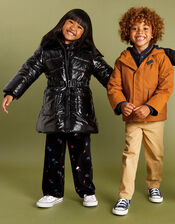 High Shine Ruffle Padded Coat, Black (BLACK), large