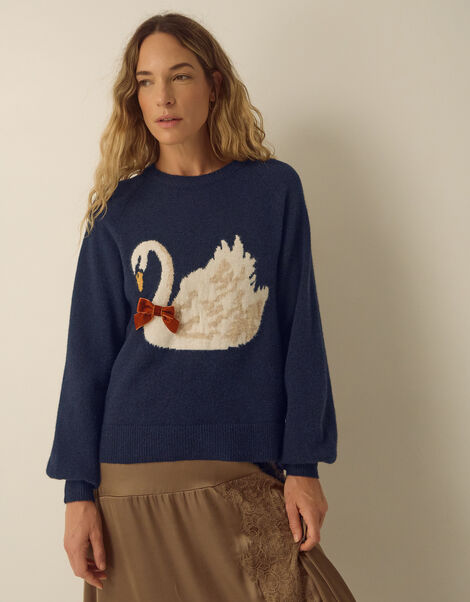 Sian Swan Crew Neck Jumper, Blue (NAVY), large