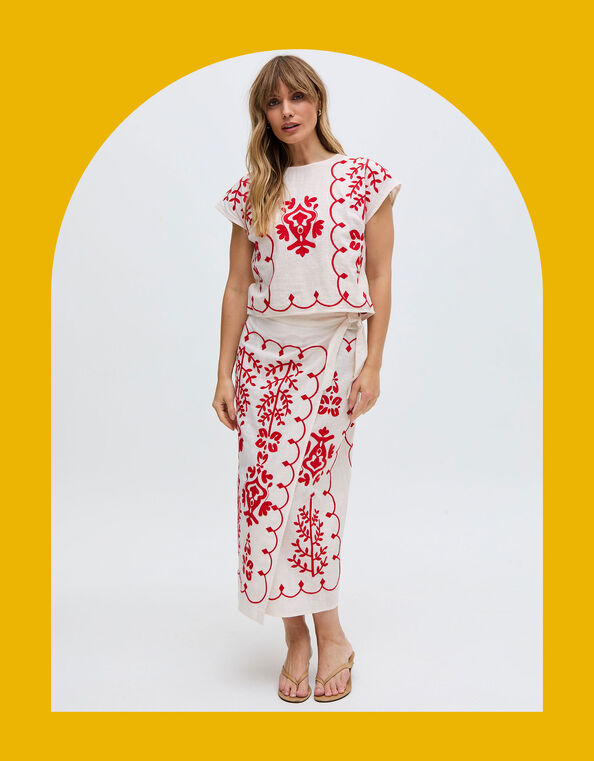 Raffya Freya Embroidered Midi Wrap Skirt, Multi (MULTI), large